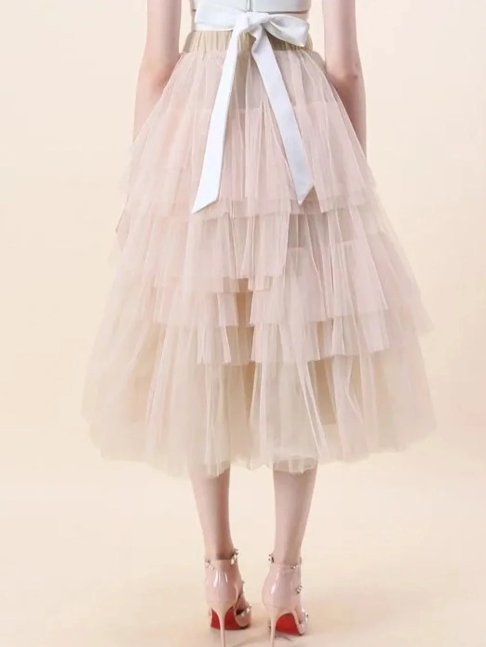 Chicwish Love Me More Tiered Layered Ruffle Tulle Ballerina Skirt Nude Pink XL
